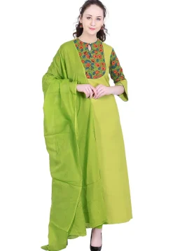 Printed Rayon A-Line Suit in Olive Green
