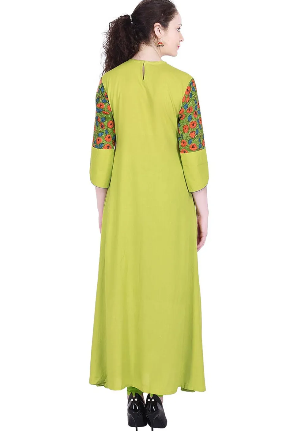 Printed Rayon A-Line Suit in Olive Green
