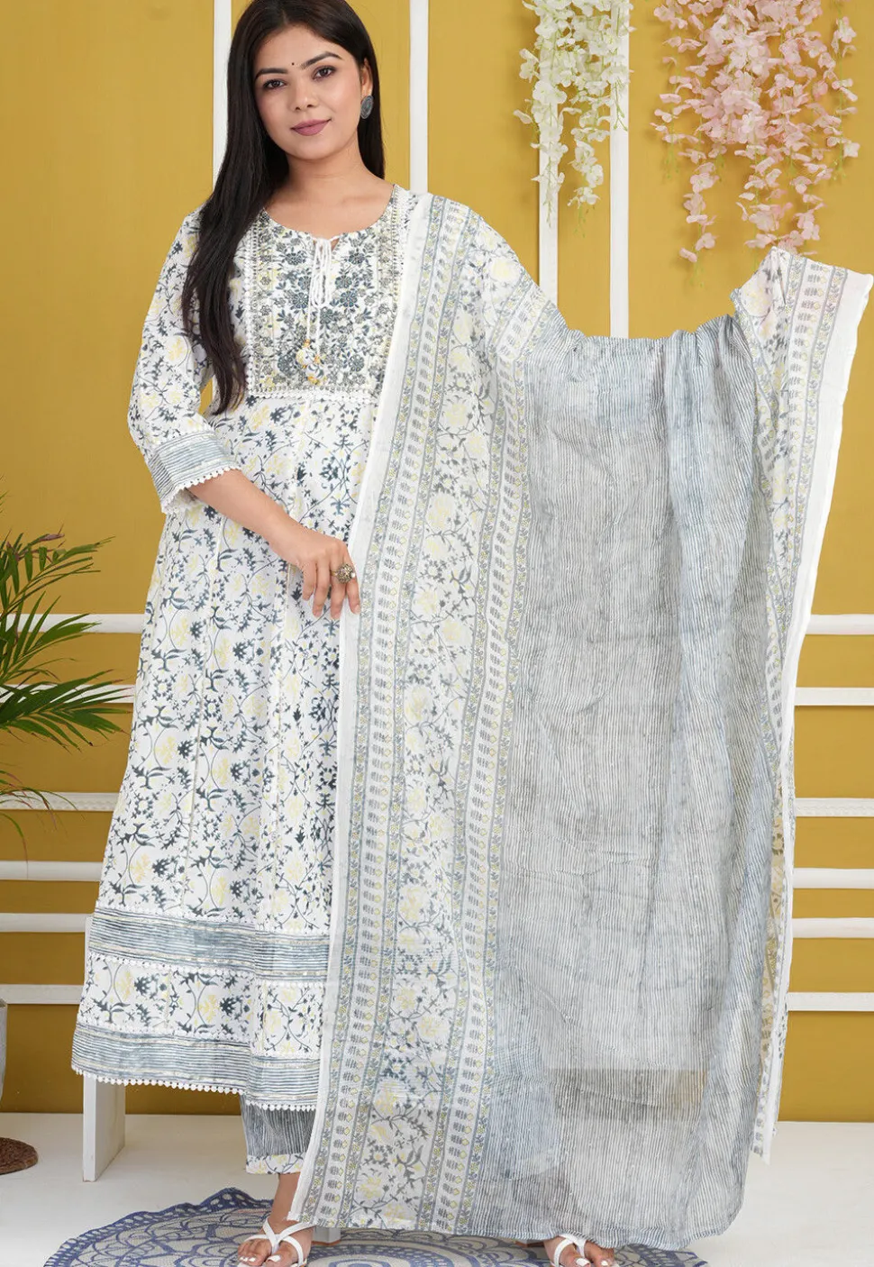 Printed Rayon Cotton Anarkali Suit in Off White