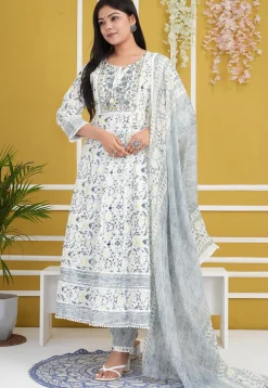 Printed Rayon Cotton Anarkali Suit in Off White