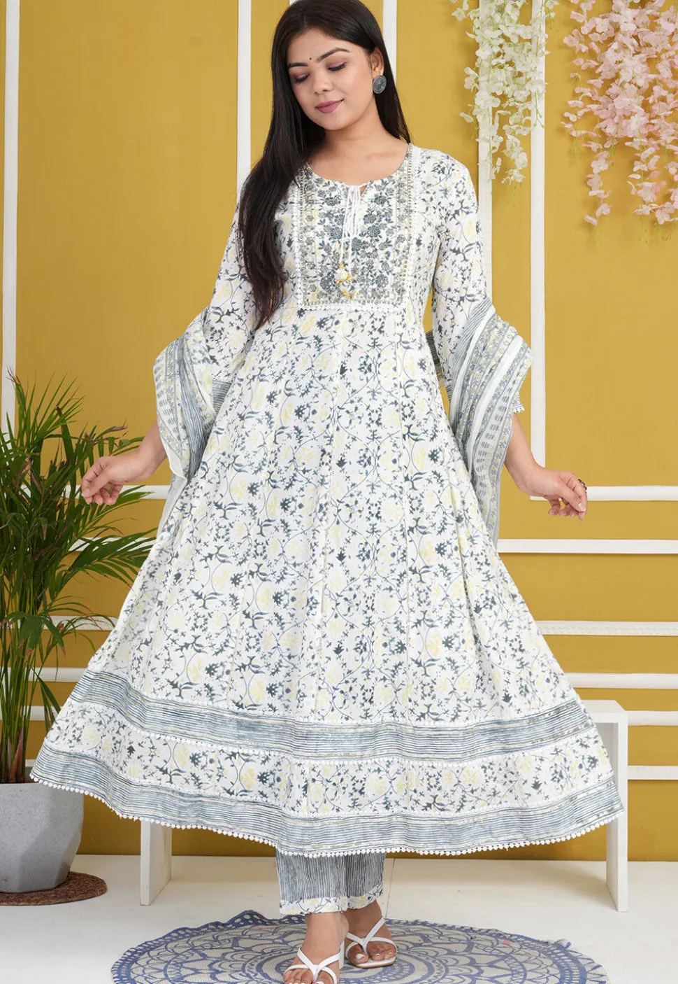 Printed Rayon Cotton Anarkali Suit in Off White