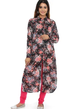 Printed Rayon Front Slit Long Kurta in Black and Multicolor