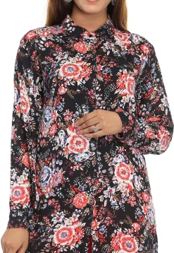 Printed Rayon Front Slit Long Kurta in Black and Multicolor