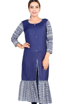 Printed Rayon Front Slit Ruffled Kurta in Navy Blue