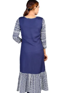 Printed Rayon Front Slit Ruffled Kurta in Navy Blue