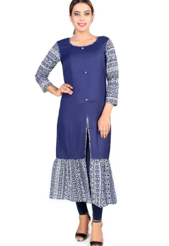 Printed Rayon Front Slit Ruffled Kurta in Navy Blue