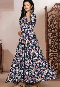 Printed Rayon Gown in Blue