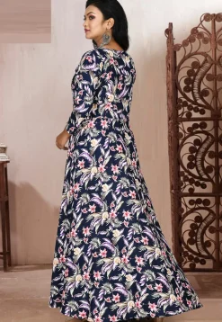 Printed Rayon Gown in Blue
