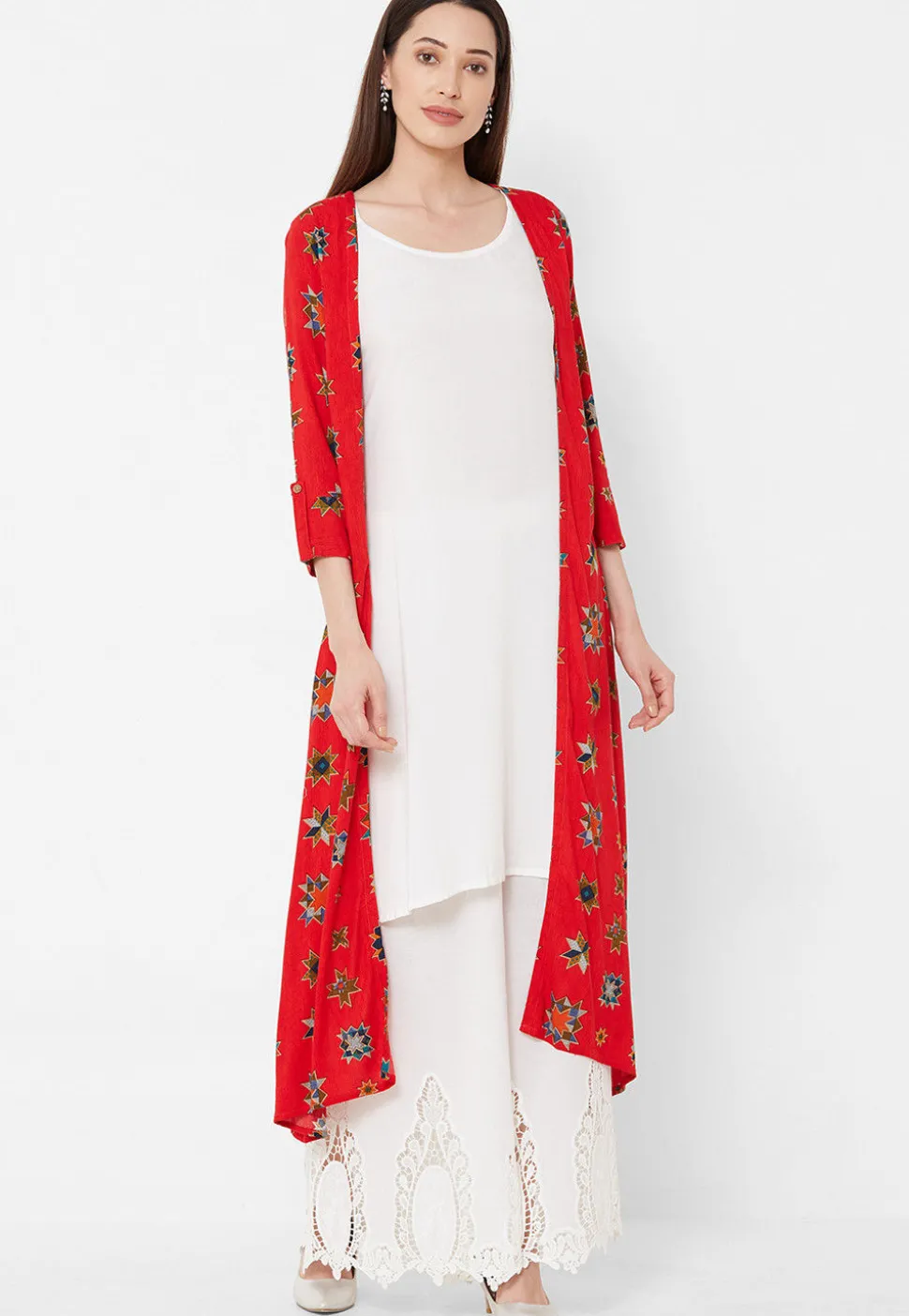 Printed Rayon Jacket Style Kurta in Off White and Red