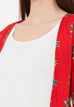 Printed Rayon Jacket Style Kurta in Off White and Red