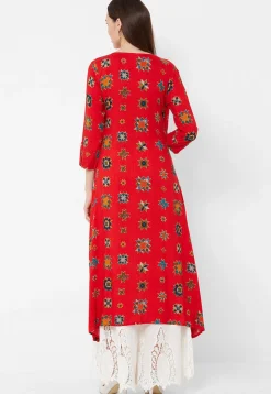 Printed Rayon Jacket Style Kurta in Off White and Red