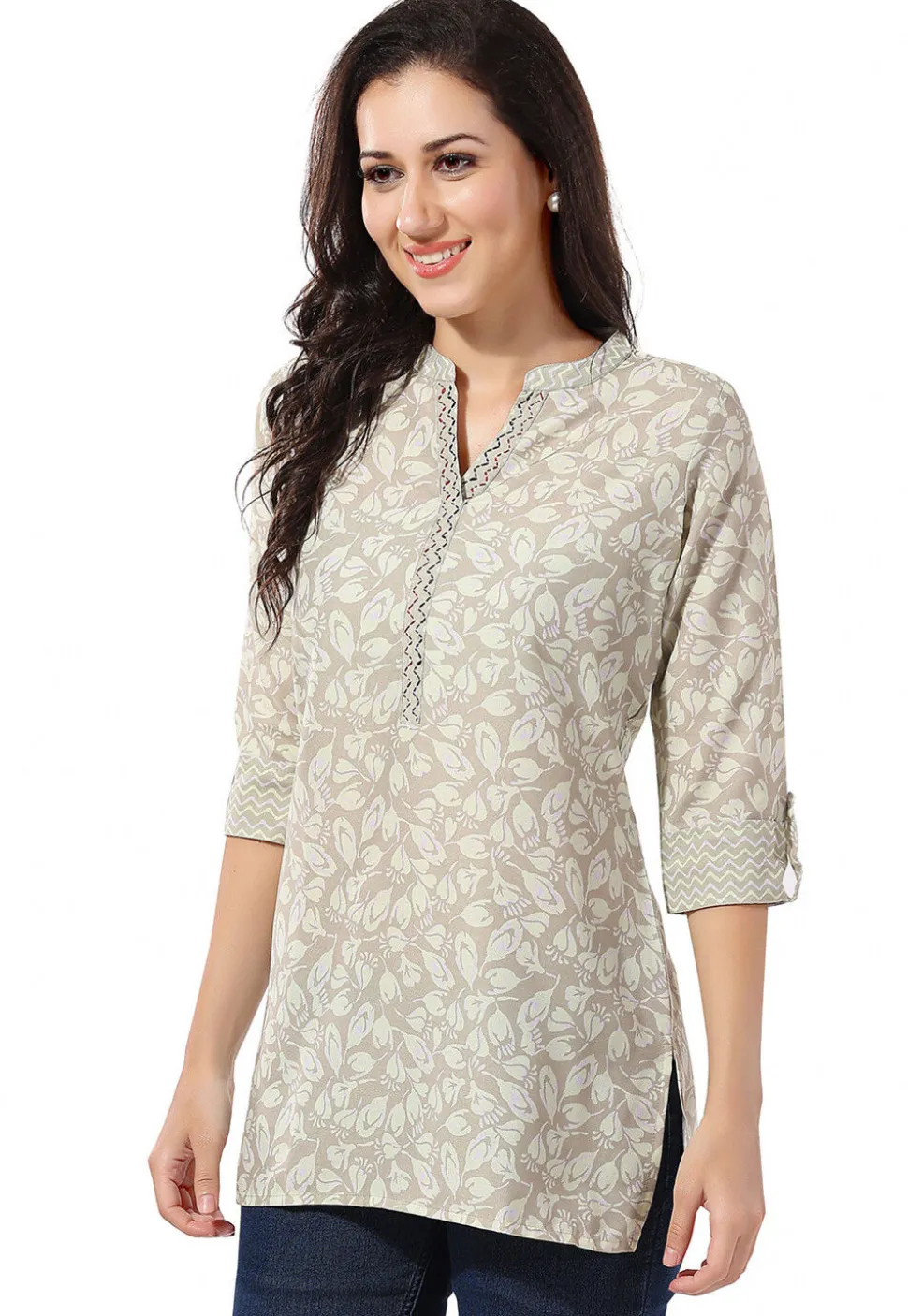 Printed Rayon Kurti in Light Grey