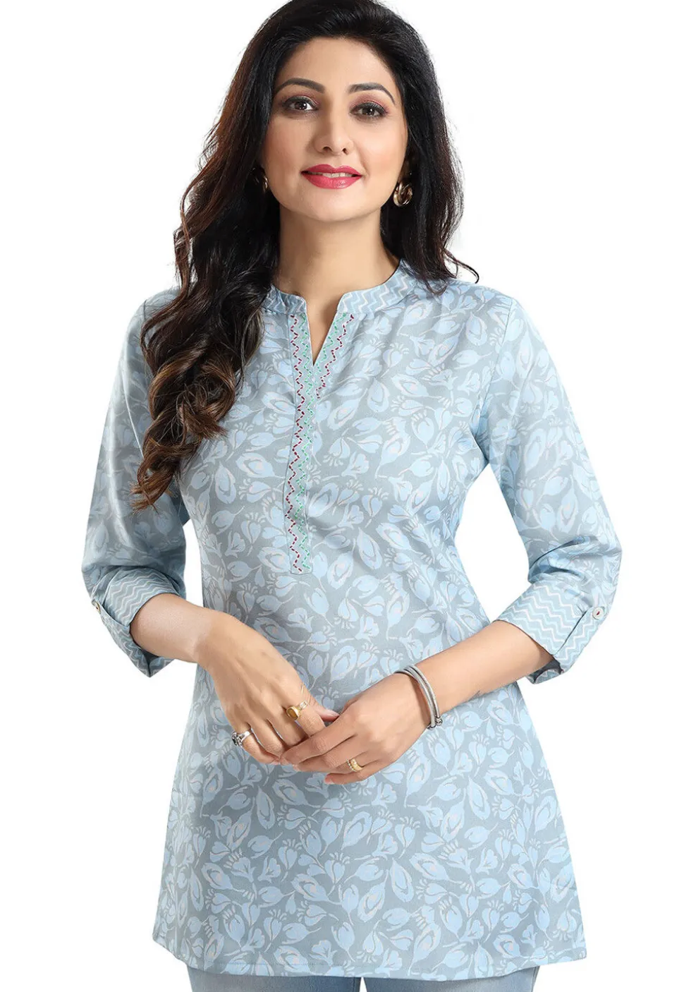 Printed Rayon Kurti in Light Blue