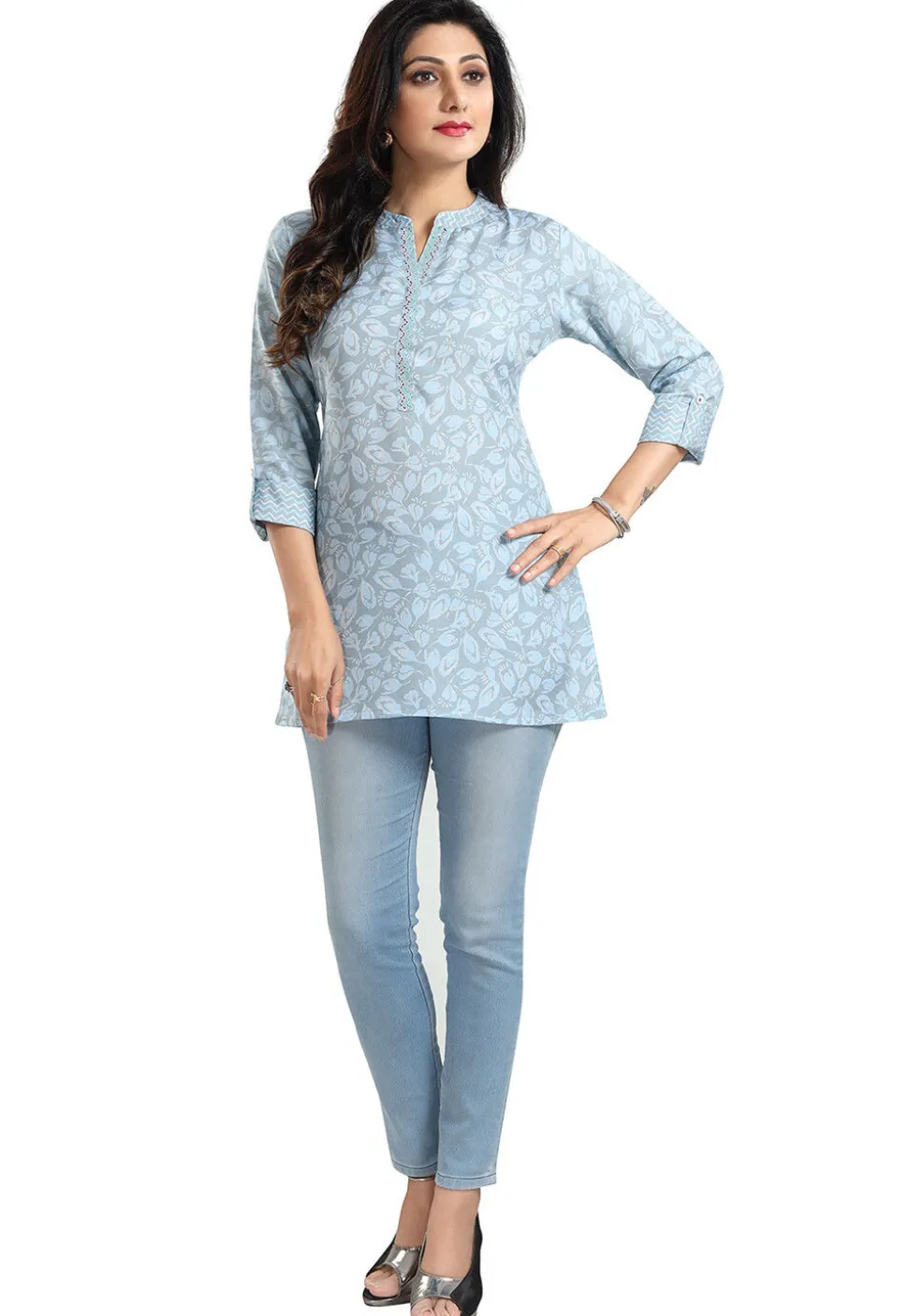 Printed Rayon Kurti in Light Blue
