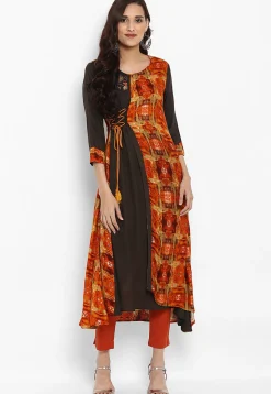 Printed Rayon Layered Kurta in Orange and Brown