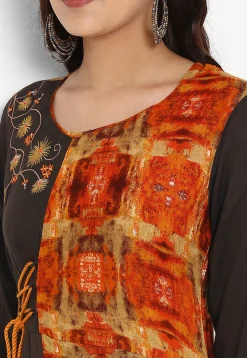 Printed Rayon Layered Kurta in Orange and Brown