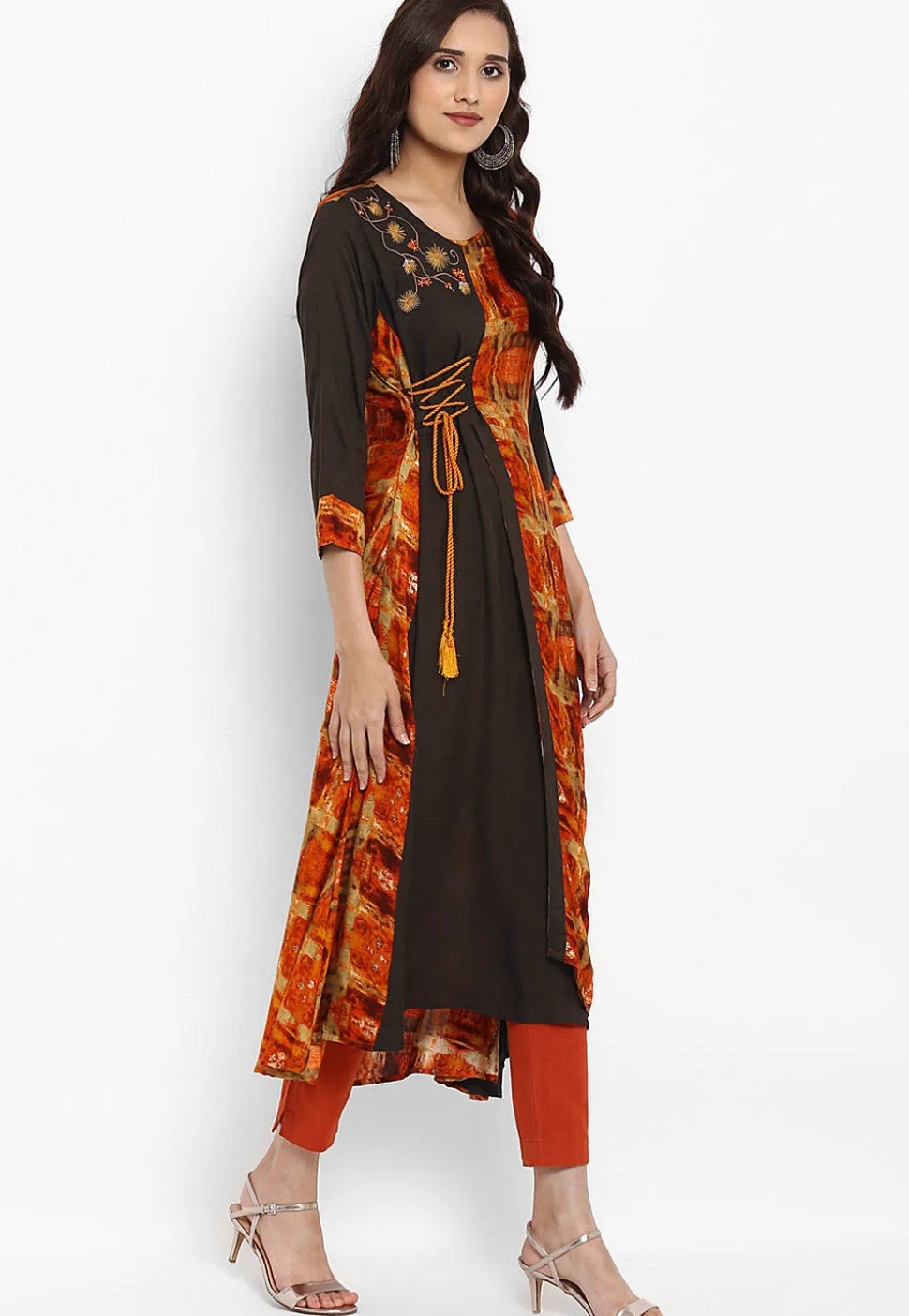 Printed Rayon Layered Kurta in Orange and Brown