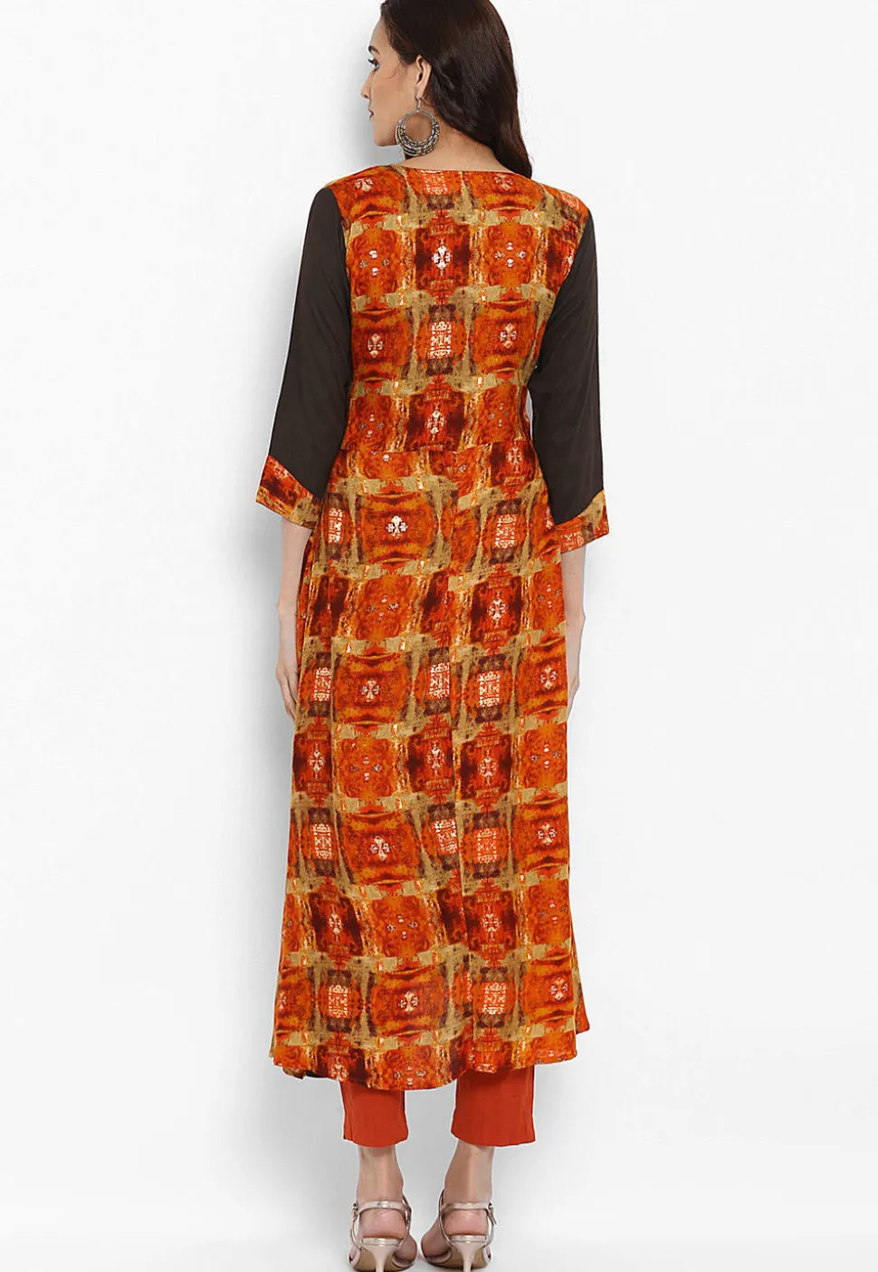 Printed Rayon Layered Kurta in Orange and Brown