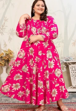 Printed Rayon Long Kurta in Fuchsia