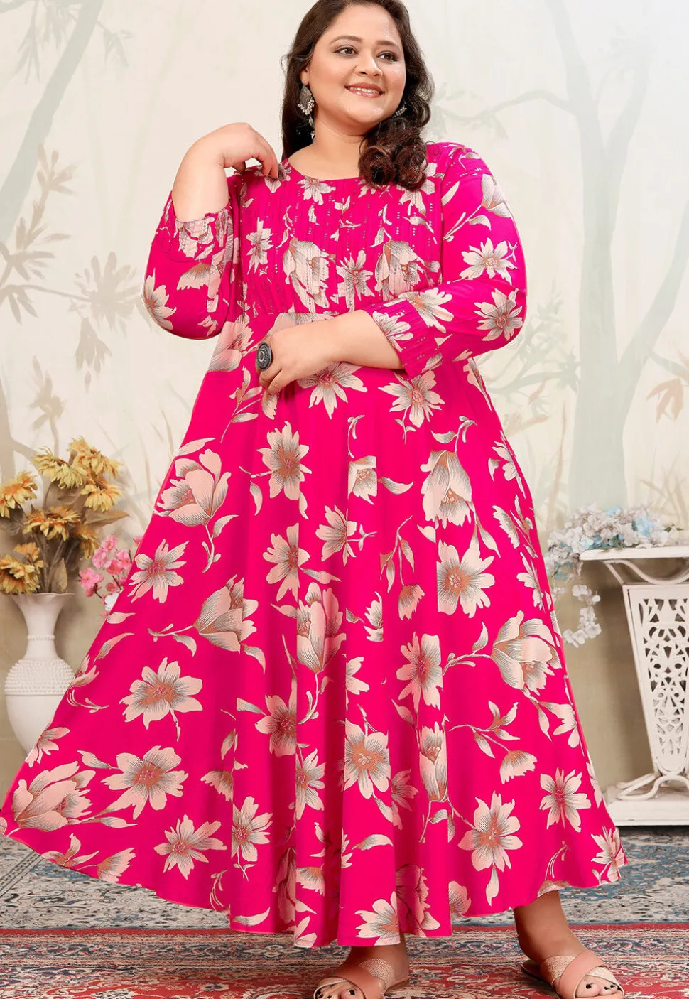 Printed Rayon Long Kurta in Fuchsia