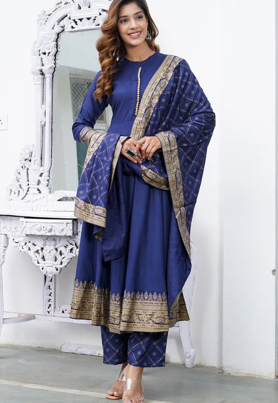 Printed Rayon Pakistani Suit in Navy Blue