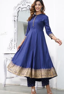 Printed Rayon Pakistani Suit in Navy Blue