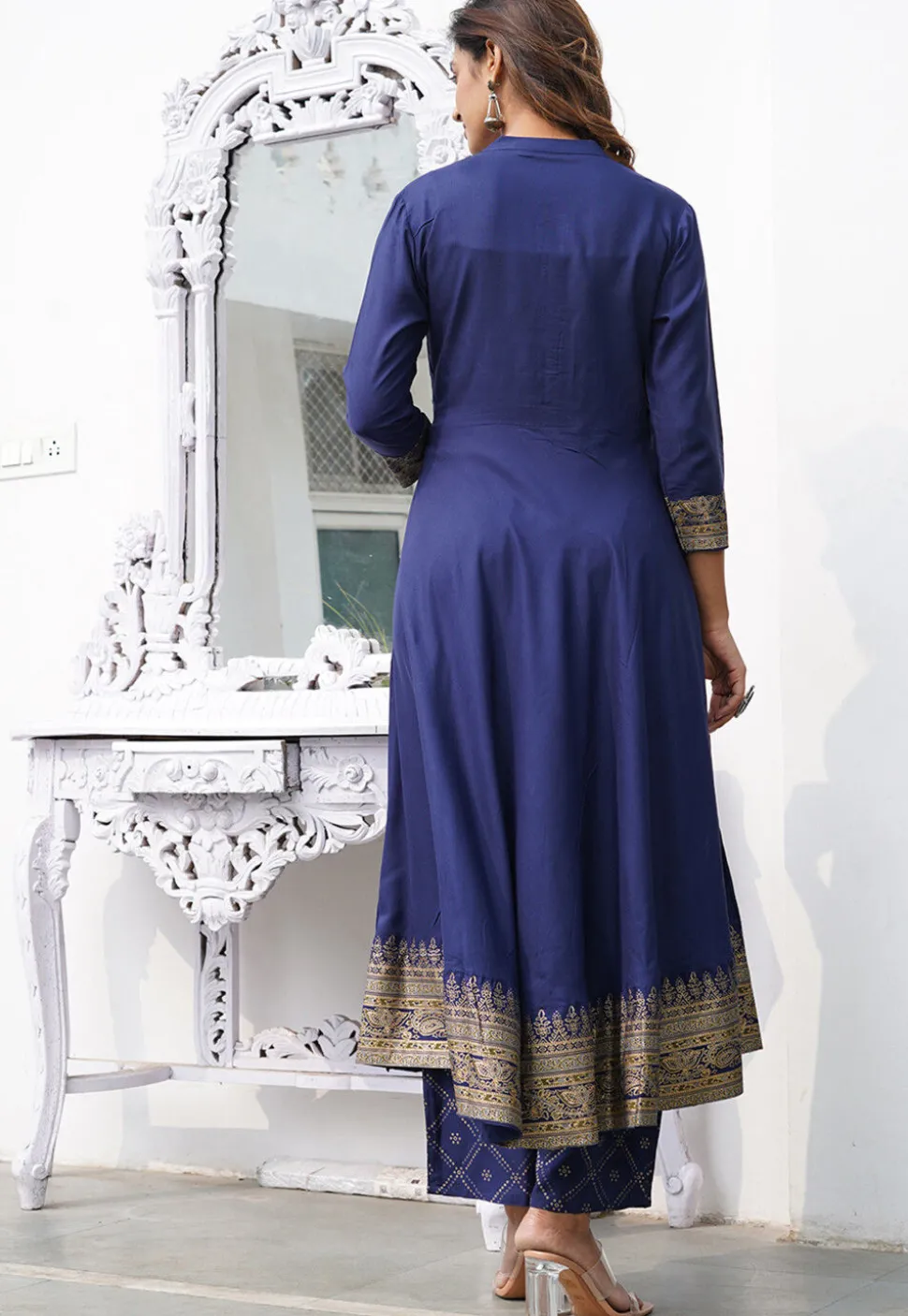 Printed Rayon Pakistani Suit in Navy Blue