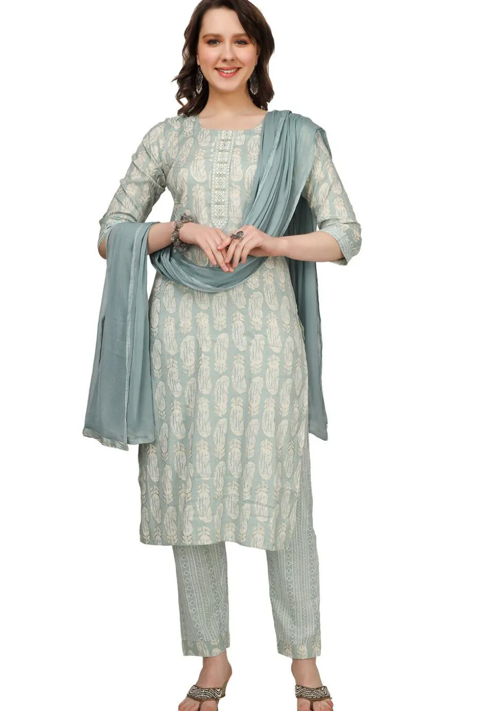Printed Rayon Pakistani Suit in Sky Blue