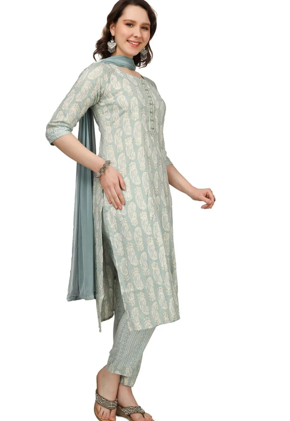 Printed Rayon Pakistani Suit in Sky Blue