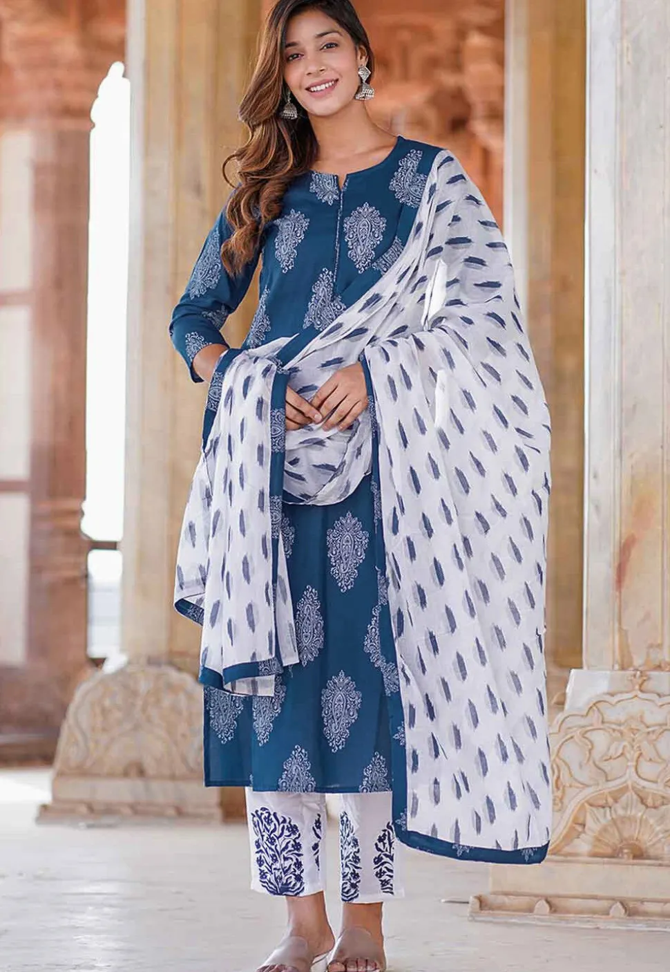 Printed Rayon Pakistani Suit in Blue