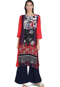Printed Rayon Straight Kurta in Multicolor and Red