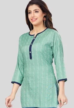 Printed Rayon Straight Kurti in Teal Green