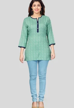 Printed Rayon Straight Kurti in Teal Green
