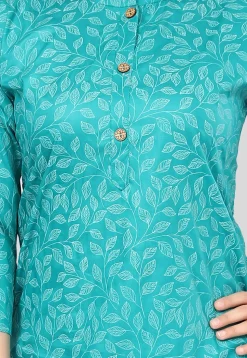 Printed Rayon Straight Kurti in Turquoise