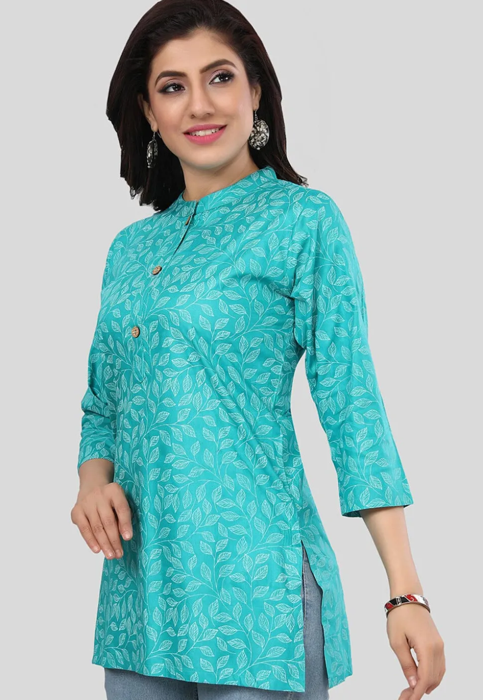 Printed Rayon Straight Kurti in Turquoise