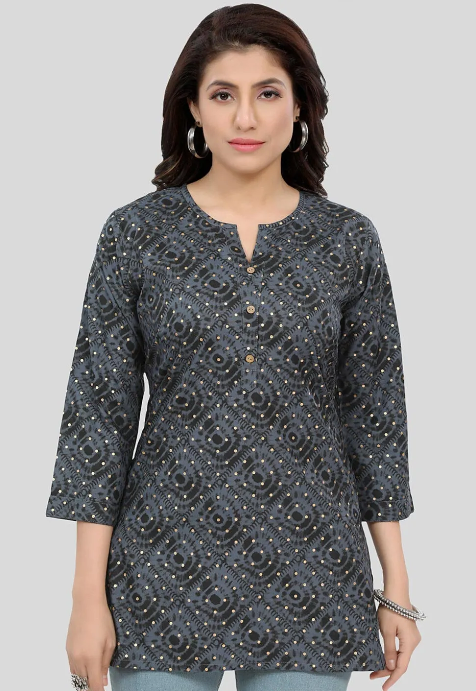 Printed Rayon Straight Kurti in Grey