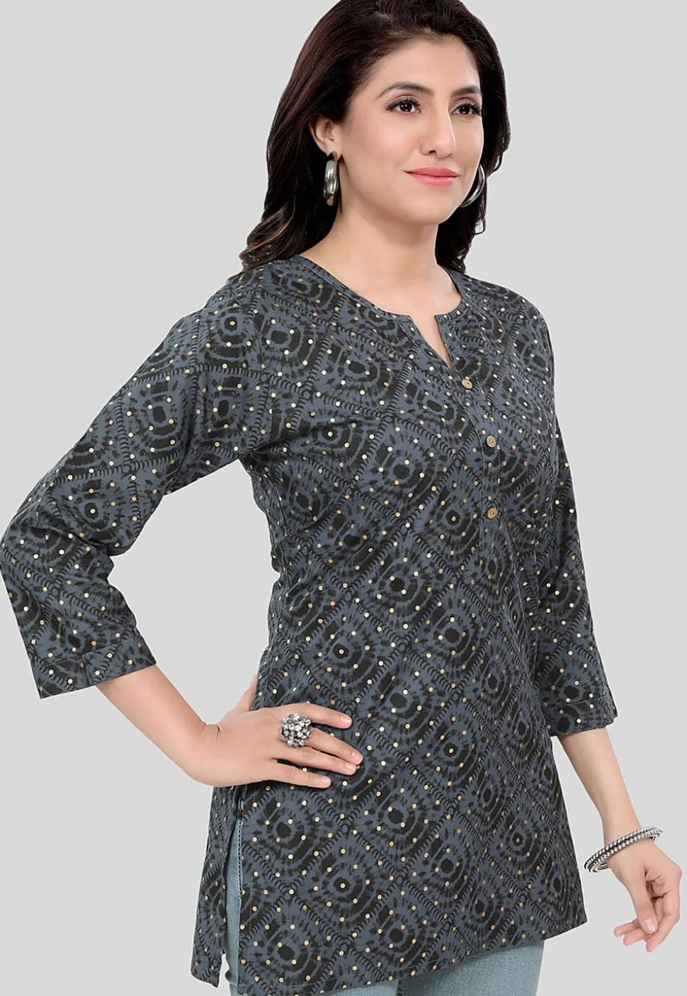 Printed Rayon Straight Kurti in Grey