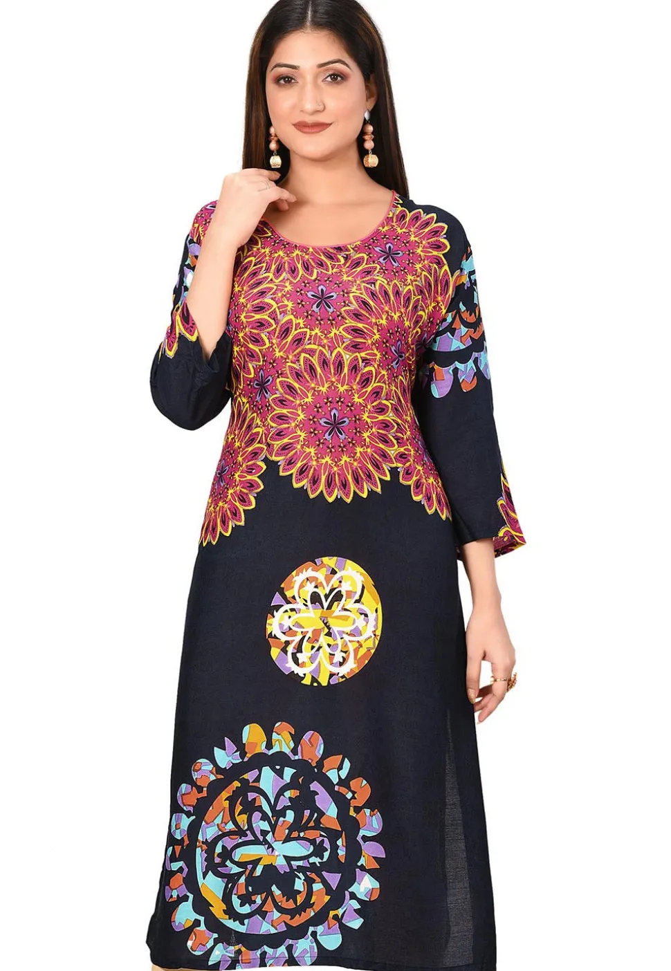 Printed Rayon Straight Kurta in Navy Blue and Multicolor