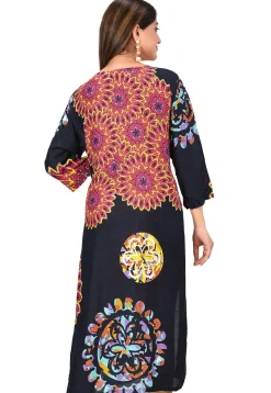 Printed Rayon Straight Kurta in Navy Blue and Multicolor