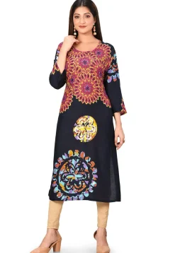 Printed Rayon Straight Kurta in Navy Blue and Multicolor