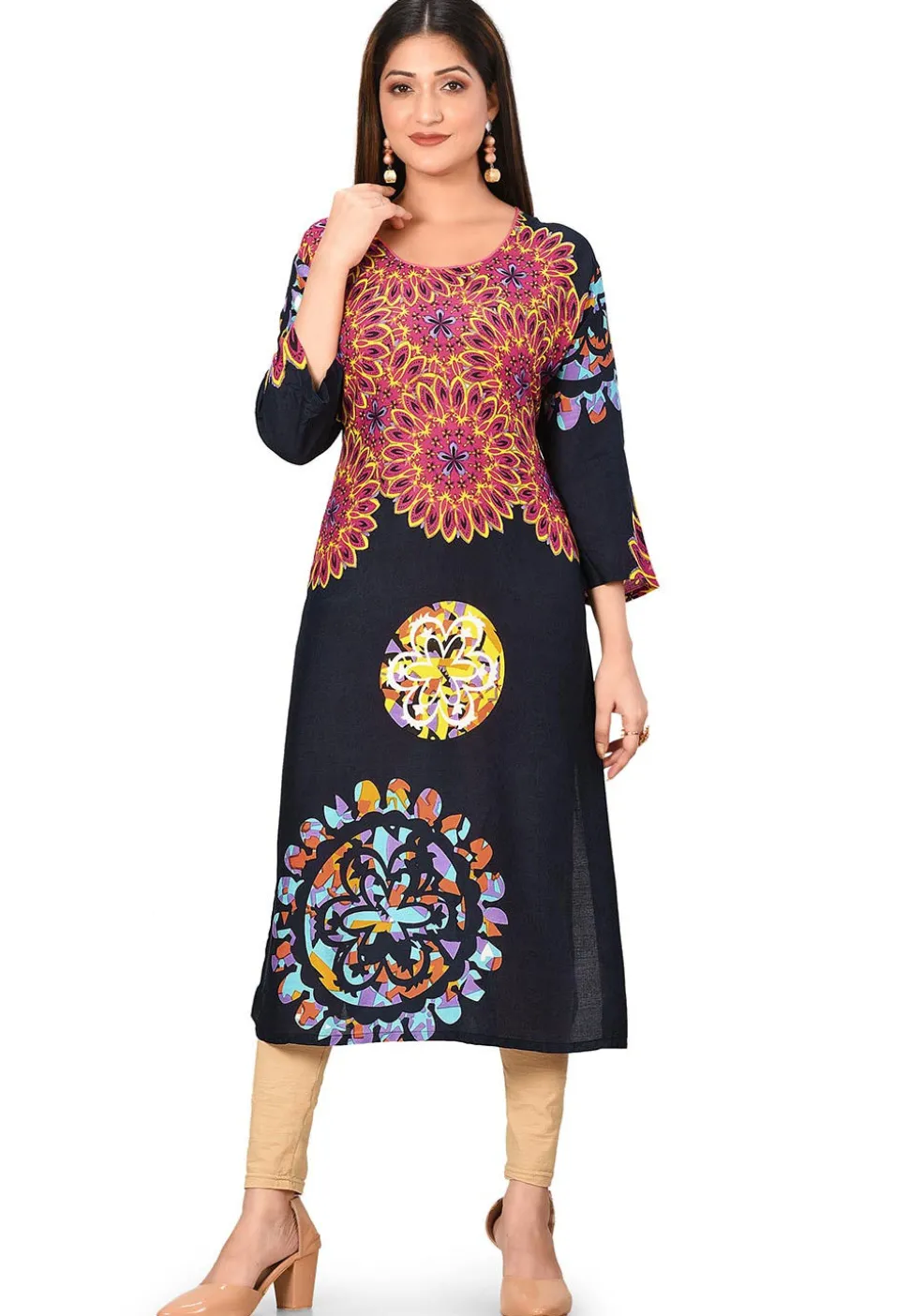 Printed Rayon Straight Kurta in Navy Blue and Multicolor