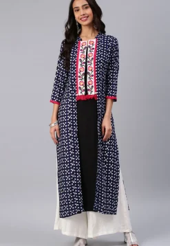 Printed Rayon Straight Kurta in Navy Blue and Black