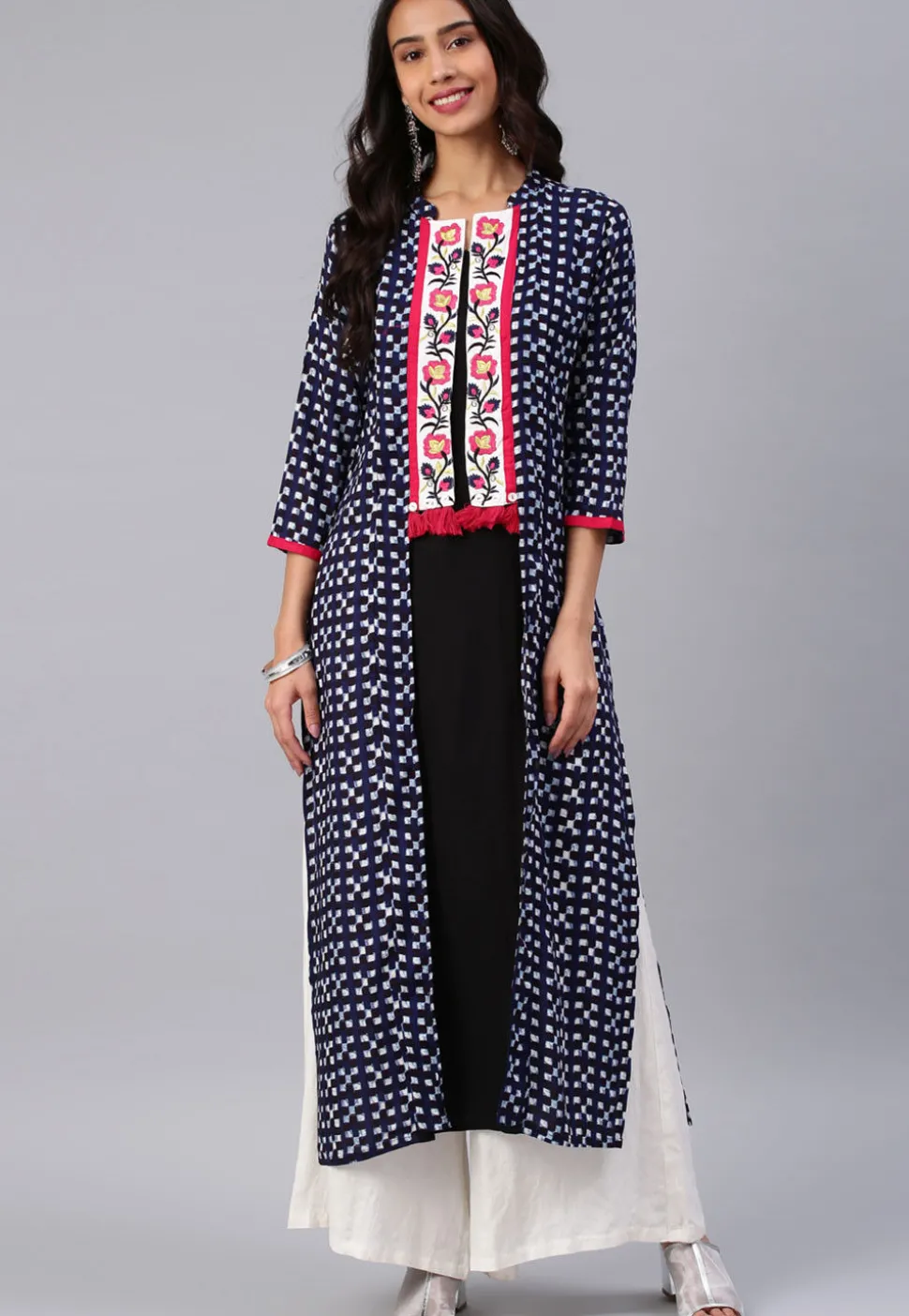 Printed Rayon Straight Kurta in Navy Blue and Black