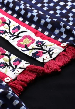 Printed Rayon Straight Kurta in Navy Blue and Black