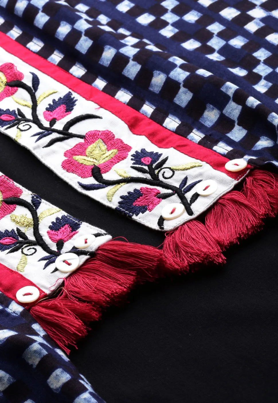 Printed Rayon Straight Kurta in Navy Blue and Black