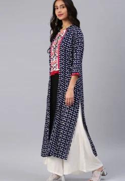 Printed Rayon Straight Kurta in Navy Blue and Black