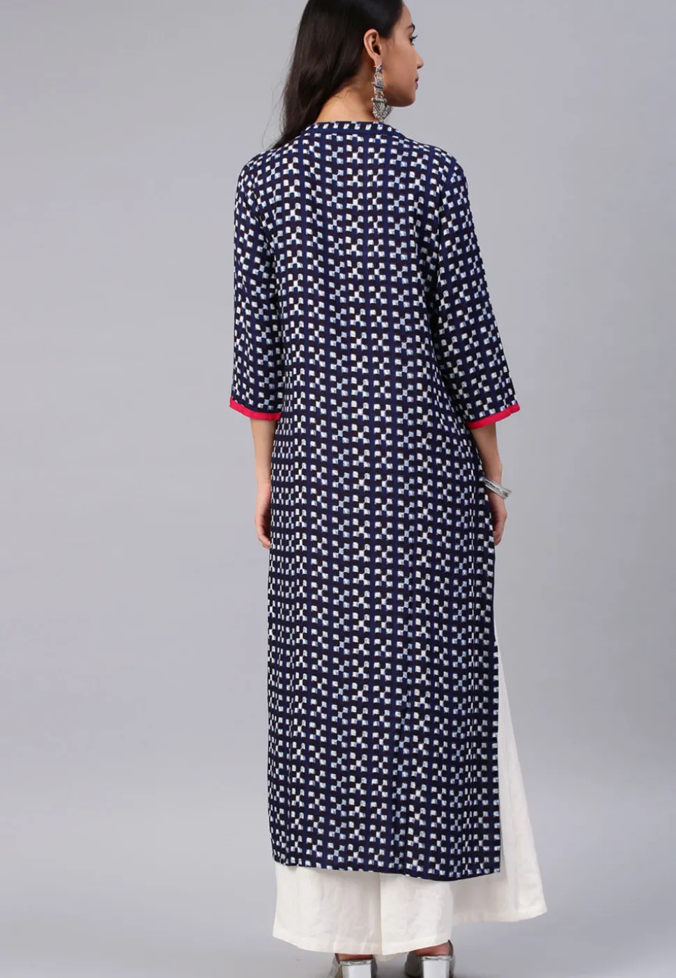 Printed Rayon Straight Kurta in Navy Blue and Black