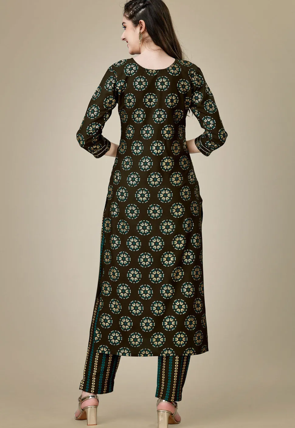 Printed Rayon Straight Kurta Set in Dark Brown