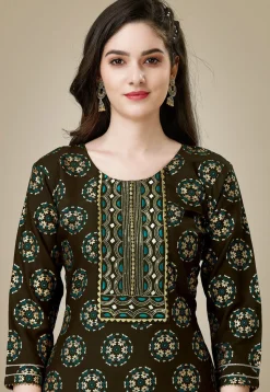 Printed Rayon Straight Kurta Set in Dark Brown