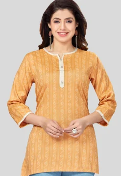 Printed Rayon Straight Kurti in Mustard